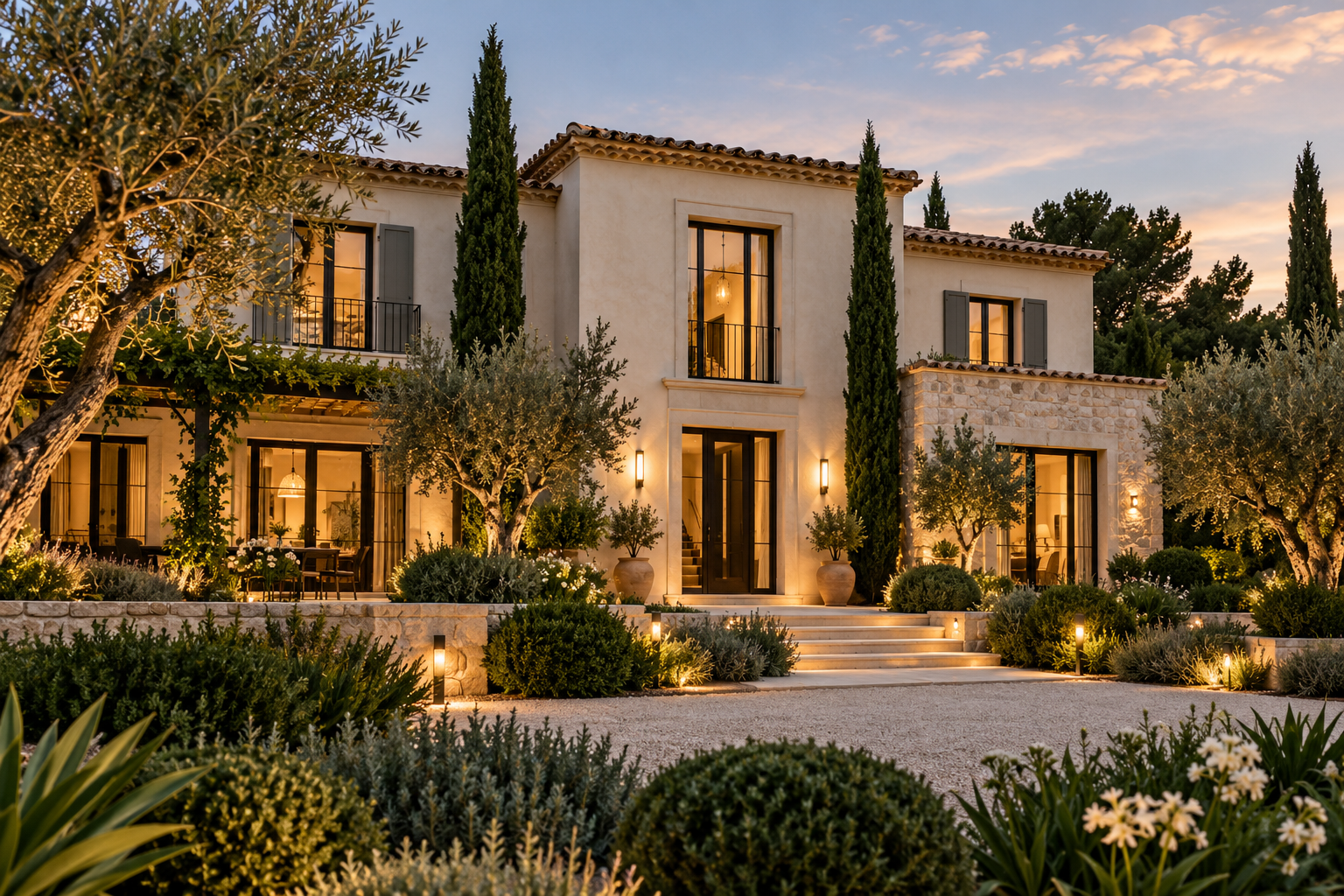 Façade de villa et éclairage extérieur — illustration particuliers